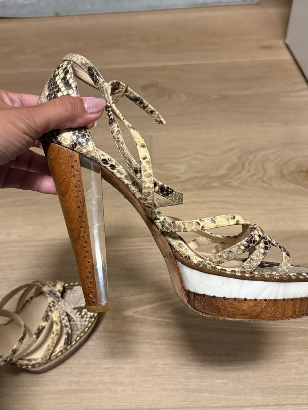 Jimmy Choo Snake-Print Strappy Platform Sandals in Beige and Brown - Picture 2 of 4